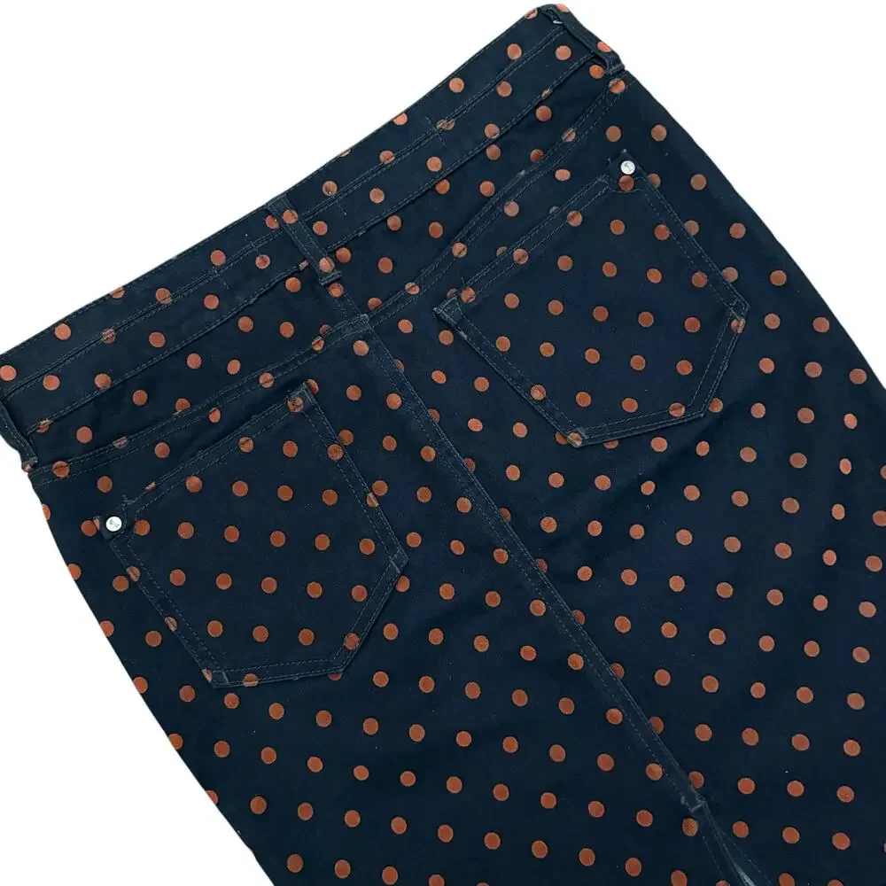 Anthropologie Pilcro Navy Brushed Denim Rust Polka Dot Pencil Skirt 27/4